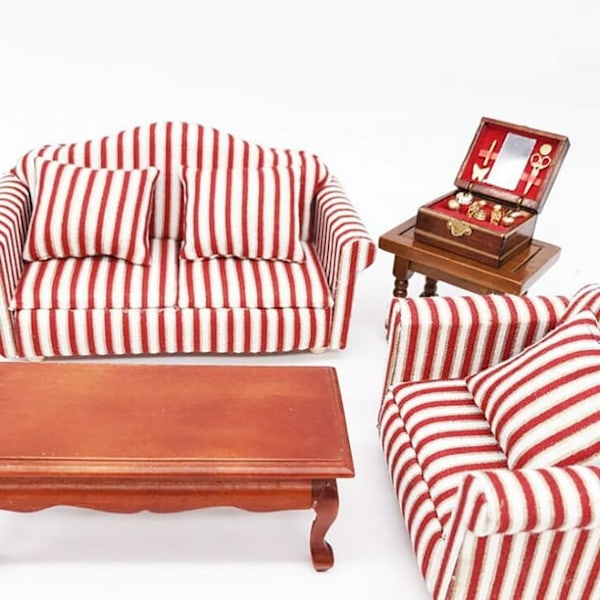Romdekor Stue Dekor 1:12 Mini Dukkehus 3-delt Sett Med Pute Innlagt Gullstripe Sofa