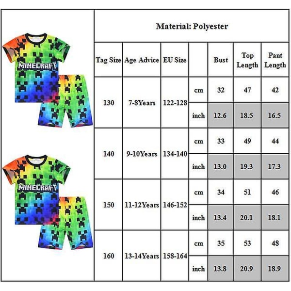 7-14 år Drenge Minecraft T-shirt Toppe + Shorts Sæt 11-12 Years