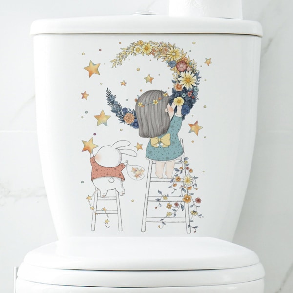Toalett-klistremerke Søt jente Måne-månemønster-klistremerke Vanntett rester-fri fjerning veggdekor for hjemmebaderom