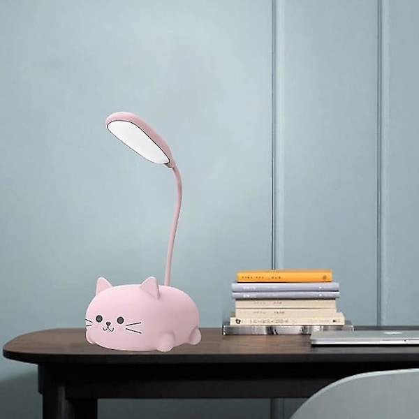 Skrivbordslampe for barn, søt katt LED-bordlampe med fleksibel arm, USB-ladbare bordlampe, øyevennlig, leselampe, tegneserie kawaii nattlampe Pink