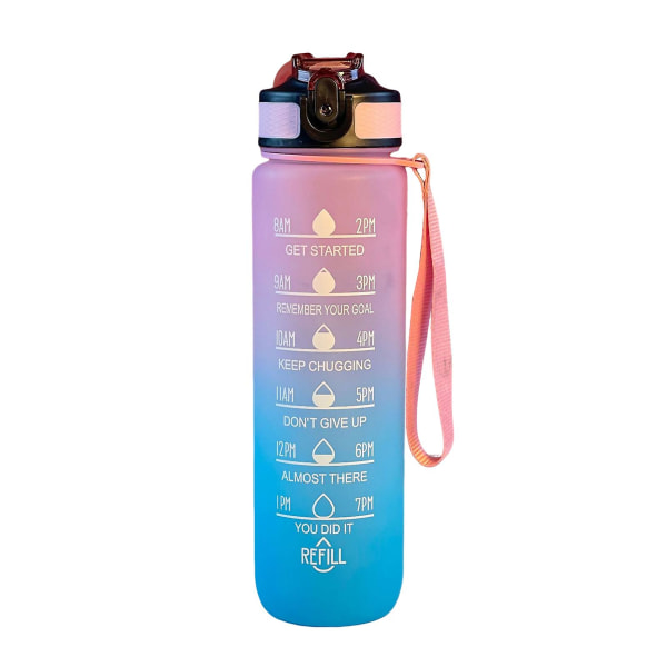 1000 ml:n urheiluvesipullo, motivoiva olkipullo aikamerkitsimellä vuotamaton juomapullo kotiin ulkokäyttöön Blue  Pink