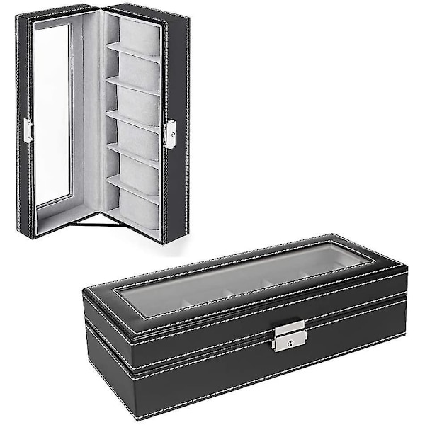 Klockfodral, 6 Fack Läder Klockbox Lyxig Display Förvaringslåda Glas Smyckesförvaring