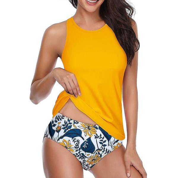 Kvinnor Hawaiian Sport Tankini Bikini Set Badkläder Väst Topp Hög midja Beachwear Baddräkt Baddräkt Yellow XL