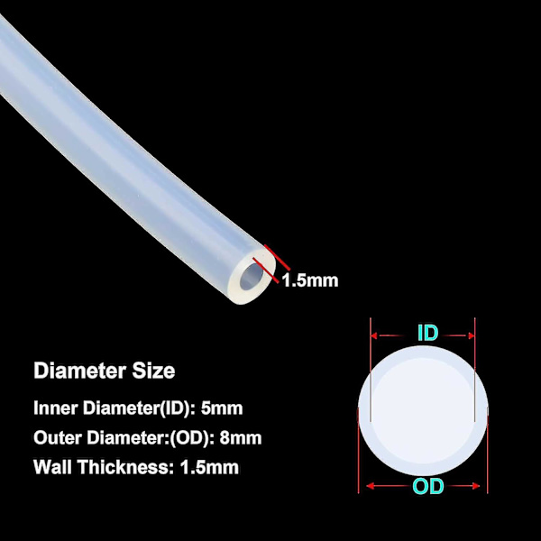 Silikoneslange - 5 mm indvendig diameter x 8 mm udvendig diameter, længde 8 meter, fødevaregodkendt fleksibel slange, til pumpeoverførsel