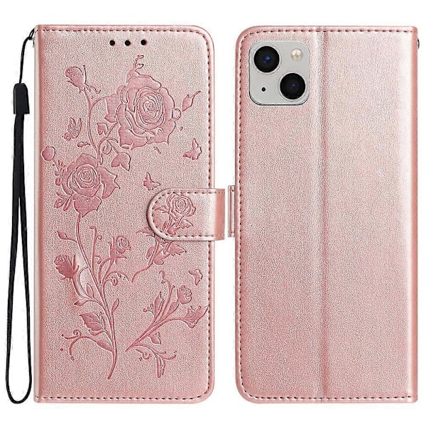 iPhone 15 Lompakkokotelo Ruusukuvioinen Nahkainen Käännettävä Jalustallinen Puhelinkotelo Multicolor Rose Gold