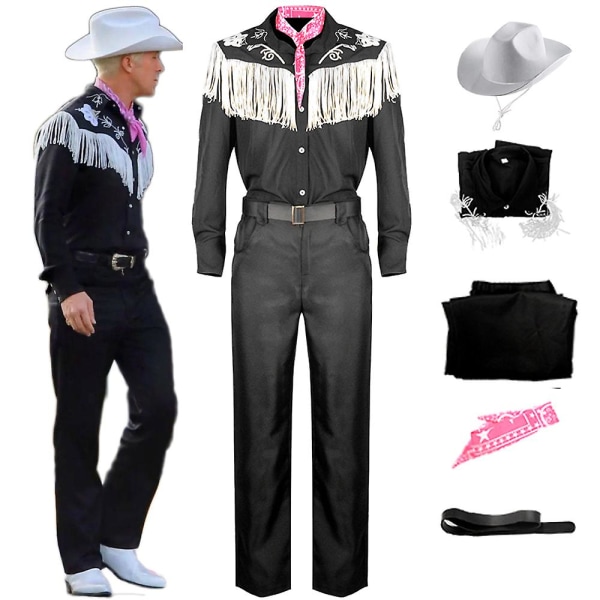 Film Ken Ryan Gosling Cosplay Kostume Voksen Mænd Cowboy skjorte Bukser Hat Bælte Tørklæde Dragt Performance Halloween Uniform XS