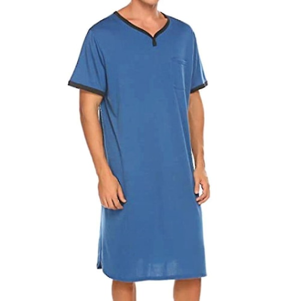 Män Comfy Loose Pyjamas Nattlinne Nattkläder Lång Nattskjorta Loungewear Sovkläder Royal Blue 3XL