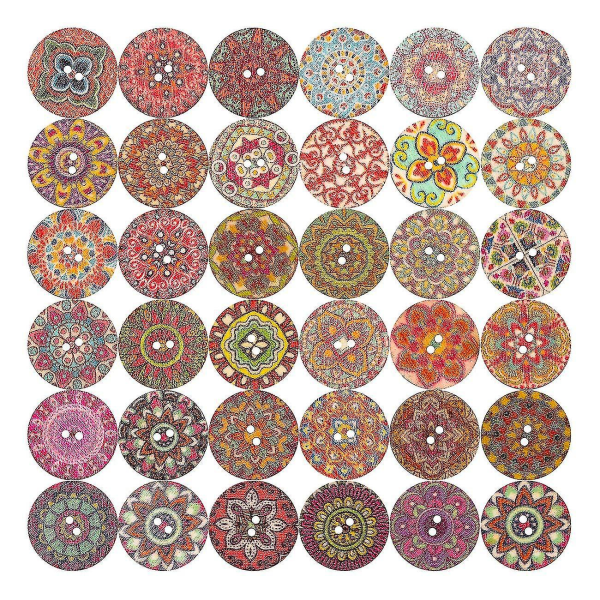 100 st Blandade runda träknappar Färgglada retroknappar för pyssel Sömnad Dekoration Blommamålad - 20mm
