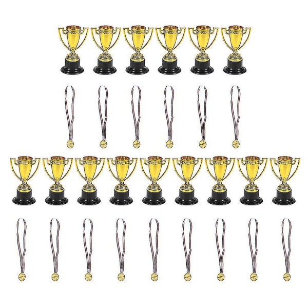 15 Sett Mini Trophy Student Sports Award Trofémedalje med bånd Barneleker for spillskolebarnehage (trofé, medalje hver 15)