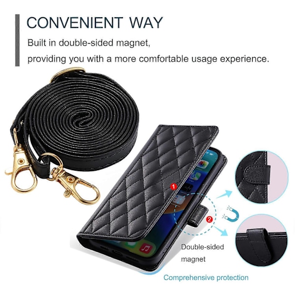 Kotelo Samsung Galaxy S20 FE 5G/4G -puhelimelle, lompakkokansi, crossbody-kaulanauha, olkahihna, yhteensopiva Samsung Galaxy S20 FE 5G/4G -puhelimen kanssa Black