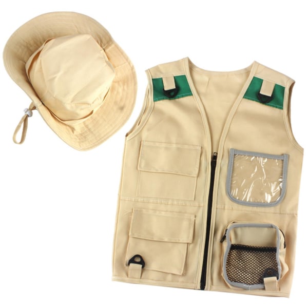 Outdoor Adventure Kit, Khaki Cargo Vest og hatt for unge barn Komfortabelt og slitesterkt oppdagelseskostyme Khaki