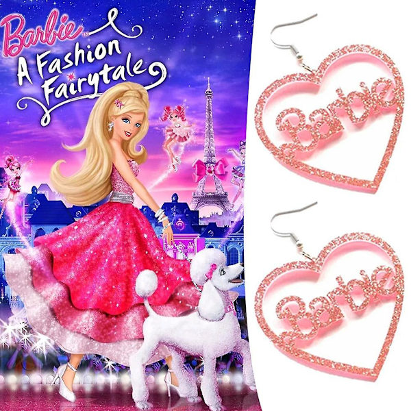 Barbie Pink Hjerte Øreringe Glitter Akryl Hjerteformede Bogstaver Hule Øreringe Moderne Barbiestyle Øreringe
