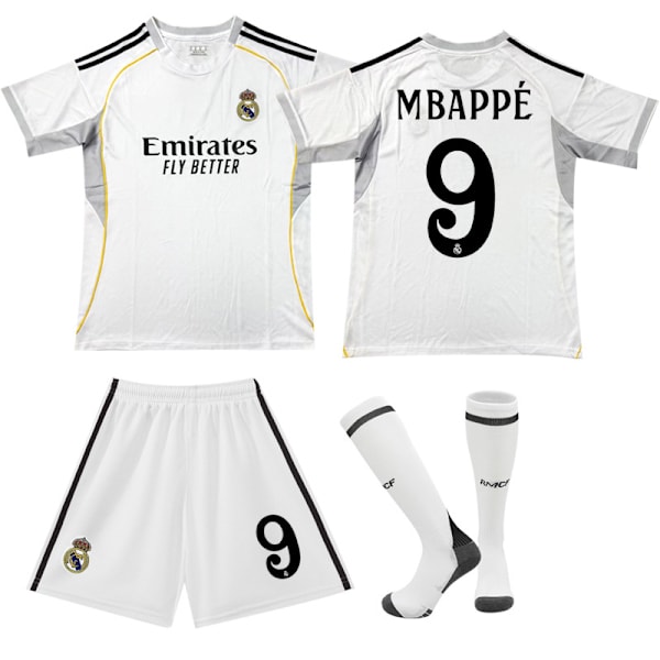 25-26 Ny Real Madrid hjemmedrakt fotballdrakt nr. 9 Mbappé drakt med sokker for barn og voksne 16