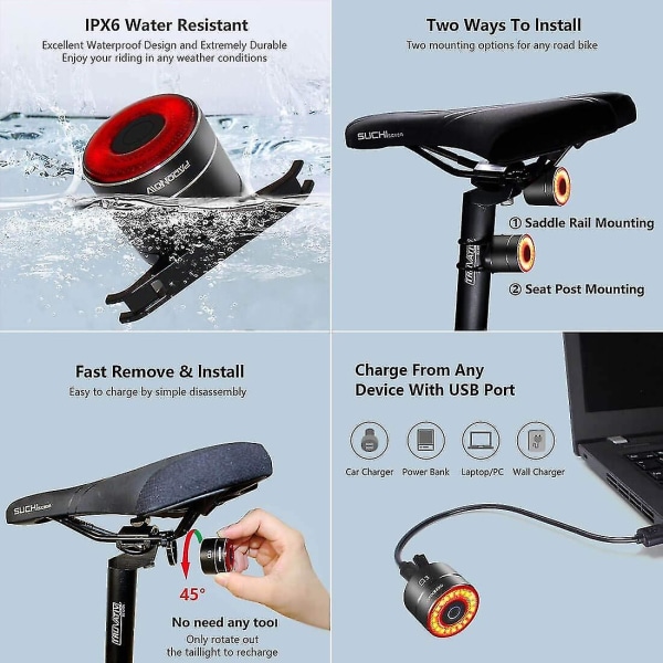 Smart Bike Tail Light Ultra Bright Back Brake Light USB Uppladdningsbar LED-baklykta Vattentät vägcykelljus