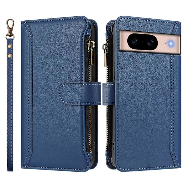 Magnetisk Stängning 9 Kortplatser Dragkedja Läderfodral med Handrem Dark Blue For Google Pixel 8a