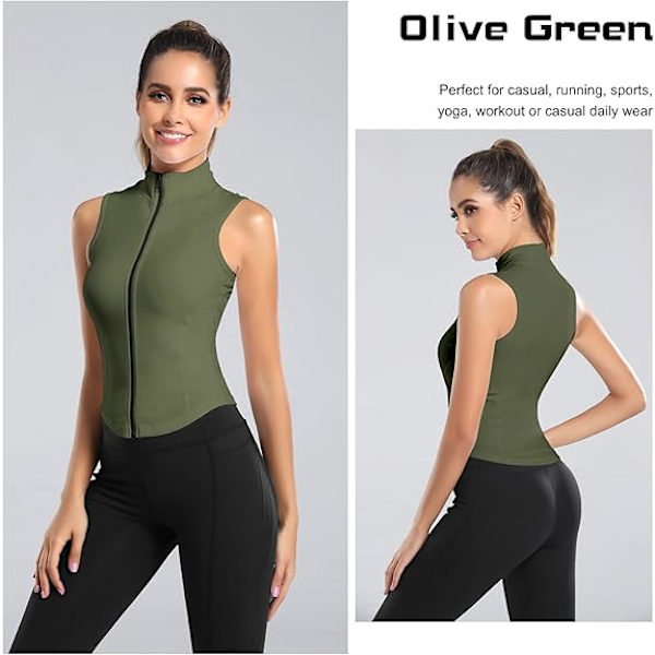Dame ermeløs sportsvest med full glidelås T-skjorte er egnet for yoga løping og fitness. XL Green
