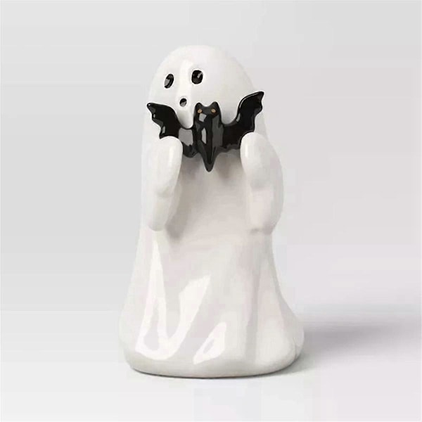 Halloween-aiheinen Resin-haamu, joka pitää kurpitsaa ja lepakon - Puutarha-patsas, koristeet, monipuolinen Resin-käsityö