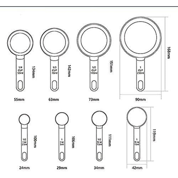 Erä 8 ruostumattomasta teräksestä valmistettua mittakuppia ja lusikkaa, täydellinen annostuslusikan set , pinottava, Bpa-vapaa, ruoanlaittonesteille ja kiinteille ainesosille