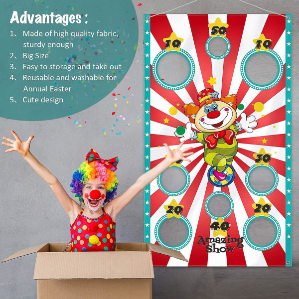 Carnival Clown Toss -pelibanneri papupussien kanssa lapsille ja aikuisille karnevaalijuhlissa