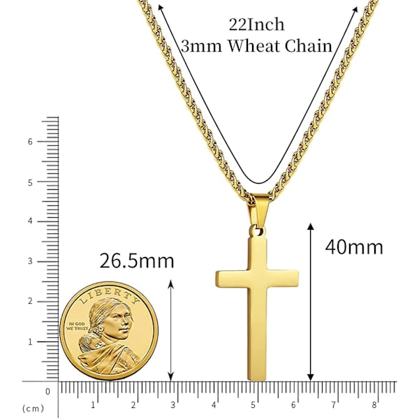 Kors Halsband för Män Pojkar Kvinnor 16-24 Tum Rostfritt Stål Korshänge Kedja Religiös Present Guld Gold 16 Inches