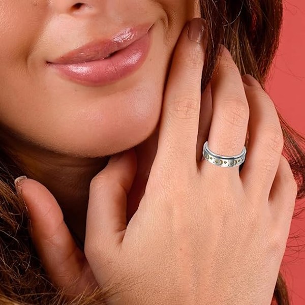 Roterende ring i rustfrit stål, størrelse 11, måne og stjerner til at lindre stress og angst, roterende ring med måne og stjerner til at lindre stress og angst