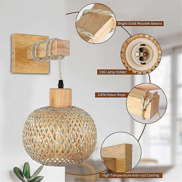 Retro Japansk Stil Bambus Sengelampe Restaurant Rattan Lampemine Soveværelse Baggrundslampe