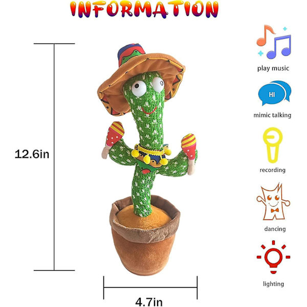 11,8 tommer dansende kaktus, Talking Cactus 120 Musik Syngende Cactus Legetøj, Cactus Plysdyr, Usb Charging Cactus Toy, Electronic Talking Recording Intet B