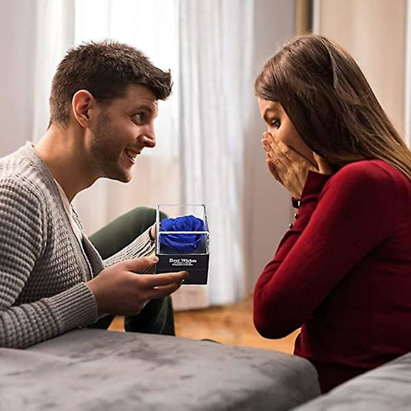 Præserveret Ægte Rose med Hjerte Halskæde Gaveæske, Håndlavet Evig Ægte Rose til Valentinsdag Bryllupsdag Fødselsdagsgaver til Hende Kvinder Blue