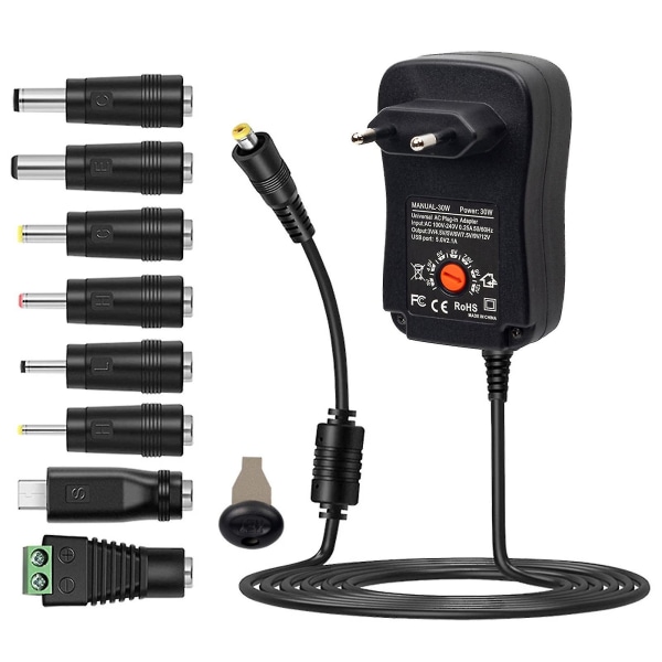 30W Universal AC til DC Strømforsyningsadapter med 5V 2.1A USB-port, AC Plug-in Strømlader 3V til 12V Justerbar Utgangsspenning med 8 DC Adaptertips