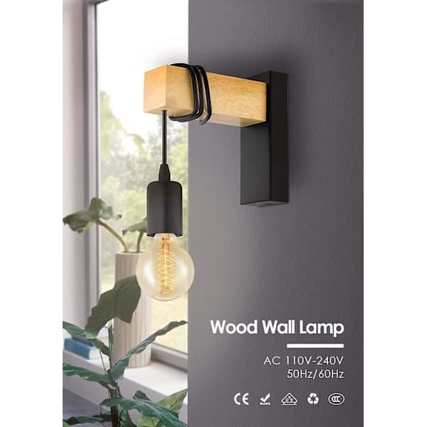 (Sort) Moderne væglampe i metal og træ, indendørs lampe, E27