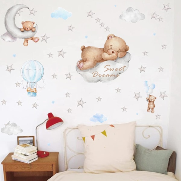 Sarjakuva Eläin seinätarra Söpö karhu nukkuu pilvellä Itsekiinnittyvät tarrat Lastenhuoneen koristelu Sweet Dream Moon & Stars Sarjakuvatarra Baby Nu