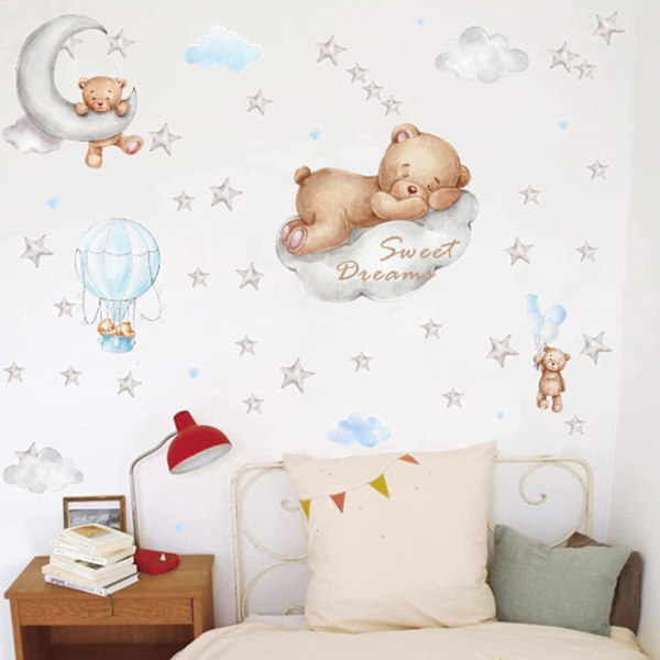 Tegneserie Dyre Vægsticker Sød Bjørn Sovende på Skyen Selvklæbende Dekaler Børneværelse Dekoration Sød Drøm Måne & Stjerner Tegneserie Sticker Baby Nu