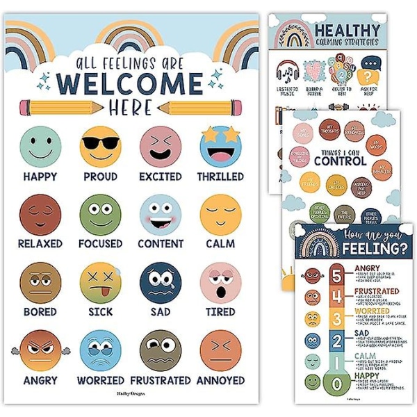4 Boho Feelings Chart For Kids Learning Posters For Walls - List Of Feelings Plakat For Kids Pædagogiske plakater til klasseværelsesdekorationer, Periodisk T