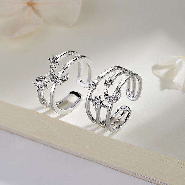 Dainty Crystal Astral Moon Åben Ring Diamant Justerbar Finger Tommelfinger Bånd Smykker Gaver Bb double layer