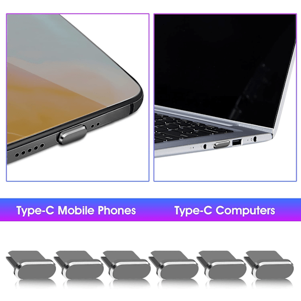 Typ C dammpluggset, 6 stycken dammskydd för USB C-laddningsport i aluminiumlegering, lämplig för smarttelefon, bärbar dator (grå)