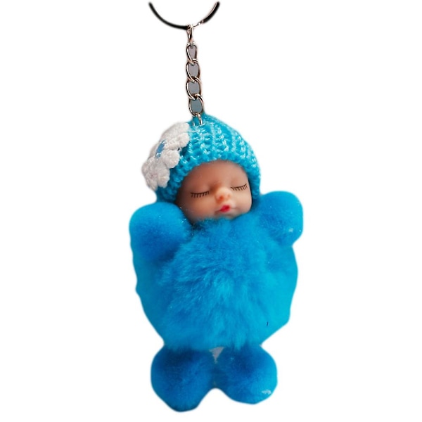 Sovande Bebis-Rosett Fluffig Pompom Plyschdocka Hängande Smycke Nyckelring Lake Blue Flower