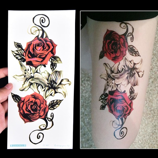 Nye falske midlertidige tatoveringsklistremerker Rød Rose Blomst Arm Body Vanntett Dame Art