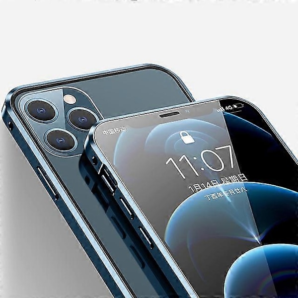 Magnetisk etui til iPhone 13 12 11 Pro Max X XS XR 8 7 Plus dobbeltsidet beskyttelsesetui i hærdet glas Blue iPhone XS Max