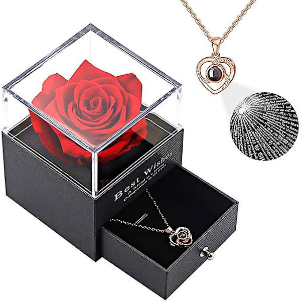 Præserveret Ægte Rose med Hjerte Halskæde Gaveæske, Håndlavet Evig Ægte Rose til Valentinsdag Bryllupsdag Fødselsdagsgaver til Hende Kvinder Red