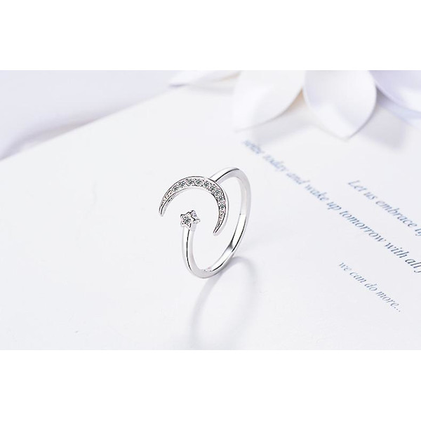 S925 Sterling Silver Halvmåne och Stjärnring Syntetisk Opal Öppen Ring Justerbar Ring Gåva Till Kvinnor