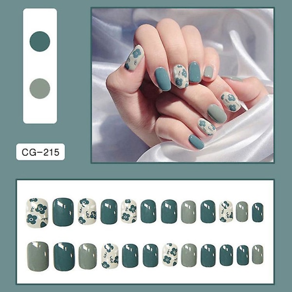 Glansiga falska naglar Korta fyrkantiga tryck på naglar Blå franska nagelspetsar Cover Akrylnaglar Tips för kvinnor och flickor 24st