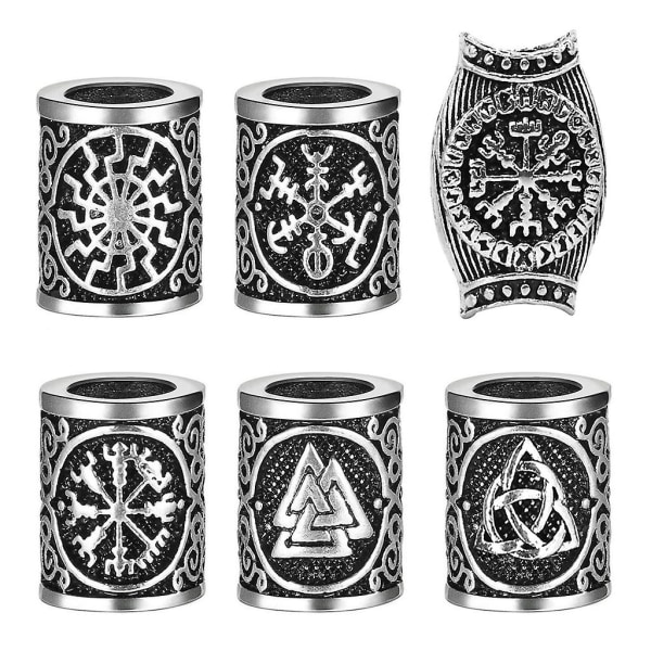 Skäggpärlor för män 6 delar set Vikings Runes Beads Norse Dreadlock Beads