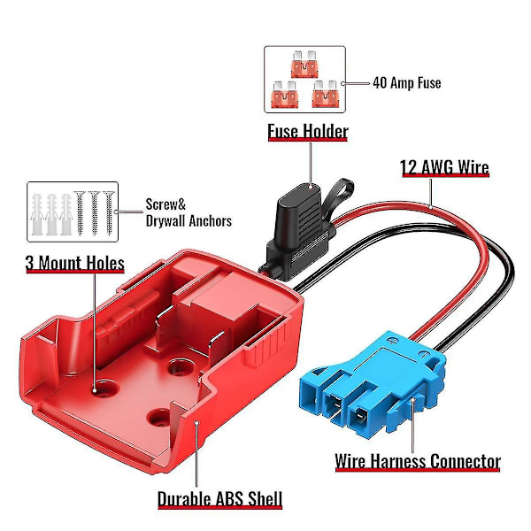 Power Wheels -akkuadapteri johtosarjan liittimellä, 12AWG-johto 40A sulakkeella Peg-Perego -leluille