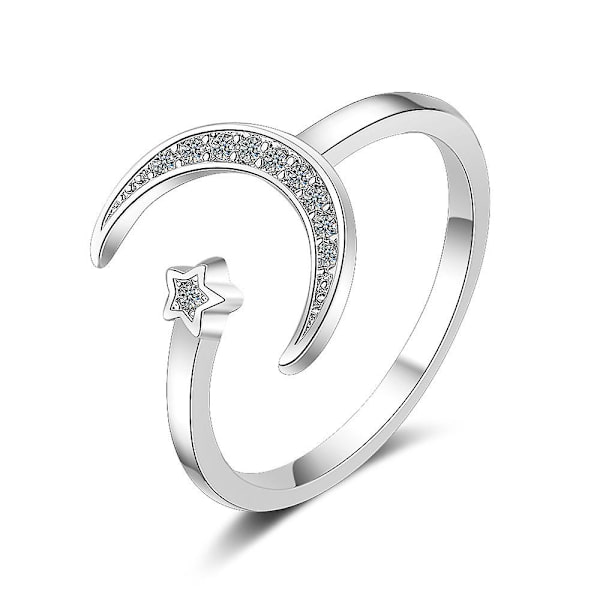 S925 Sterling Silver Halvmåne och Stjärnring Syntetisk Opal Öppen Ring Justerbar Ring Gåva Till Kvinnor