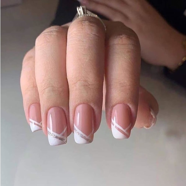 Franska falska naglar, 24st Rosa lösnaglar Medium Square Cover Nageltips för kvinnor och flickor
