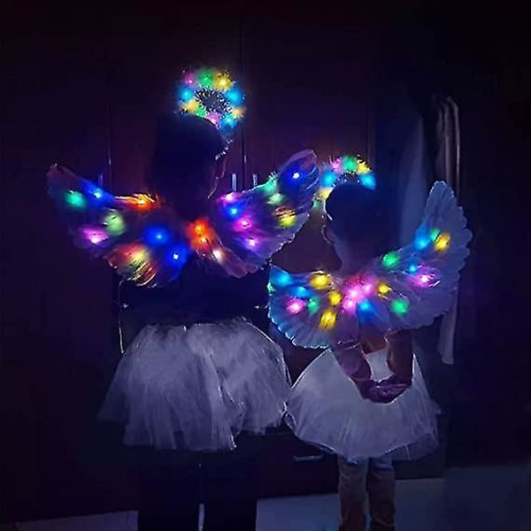 Englevinger, lys opp englevinger og glorie med led lys, hvite englevinger kostyme for voksne kvinner barn Halloween jul