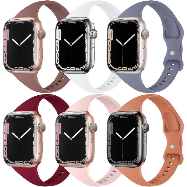 6 Pack Slim Silicone Band Compatible For Apple Watch Band 38mm 40mm 41mm 42mm 44mm 45mm, Sports Narrow Replacement Strap Thin Wristband For Iwatch Ser