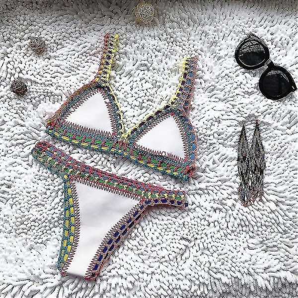 Hæklet badetøj til strikket badetøj til kvinder Neopren bikini strandtøj Boho stil badedragt i to dele badedragter L Black