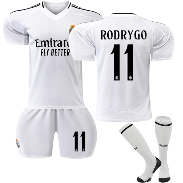 24-25 Real Madrid hemmafotbollsdräkt nr 11 Rodrigo tröja med strumpor för barn och vuxna XS