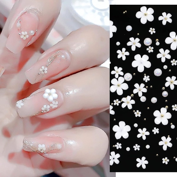 3d Blommig Nail Art Charms Set - Glitter vita blommor och gyllene kaviarpärlor för akrylnaglar